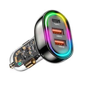 90W 3 Ports Fast Charge Car Charger QC3.0 PD3.0 USB Type-C LT Car Cigarette Lighter with Colorful Light Fit for IOS Phone iPad Samsung Goggle Pixel