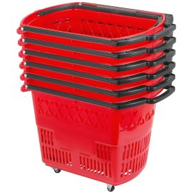 VEVOR 6PCS Shopping Carts, Plastic Rolling Shopping Basket with Wheels, Red Shopping Baskets with Handles