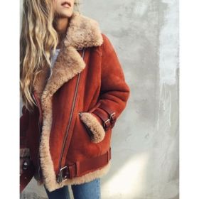 Autumn Winter Women Fashion Warm Fur Coat Casual Style Zipper Motorcycle Leather Coat Jacket Winter Outwear (Color: brick red, size: 4XL)