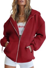 Women's Cute Hoodies Teen Girl Fall Jacket Oversized Sweatshirts Casual Drawstring Clothes Zip Up Y2K Hoodie with Pocket (Color: Red, size: large)