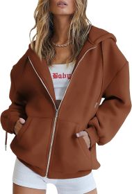 Women's Cute Hoodies Teen Girl Fall Jacket Oversized Sweatshirts Casual Drawstring Clothes Zip Up Y2K Hoodie with Pocket (Color: Brown, size: X-Large)