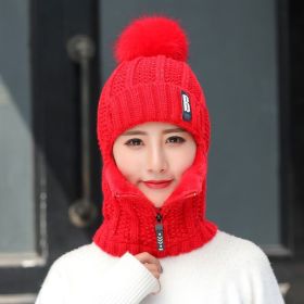 Coral Fleece Women Knitted Hats Add Fur Warm Winter Hats for Women with Zipper Scarf Keep Face Warmer Balaclava Pompoms Cap (Color: Red)