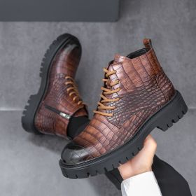 Autumn and winter men's new platform increase Martin boots fashion trend retro comfortable all-matching men's ankle boots (Color: Brown, size: 43)