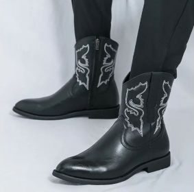 Men's autumn new midtube zipper embroidered western boots high top leather shoes 38-46 (Color: BLACK, size: 42)