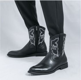 Men's autumn new midtube zipper embroidered western boots high top leather shoes 38-46 (Color: BLACK, size: 45)