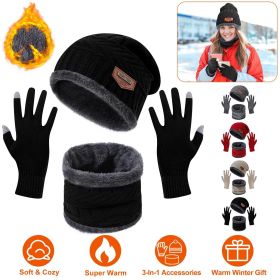 Winter Knitted Hat Scarf Gloves 3Pcs Winter Warm Beanie and Touch Screen Gloves Scarf Set Knit Beanie Skull Cap Neck Warmer Mittens for Men Women (Color: BLACK)